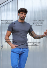 Camiseta Slim Canelada com Elastano Cinza CW STORE